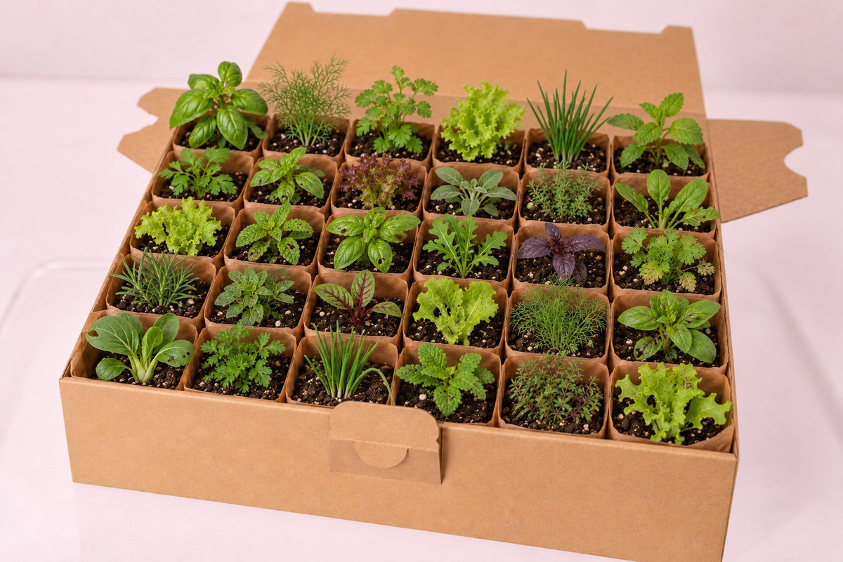 Setzling-Starterpaket mit 30 Setzlingen in Kraftkarton – Basilikum, Schnittlauch, Dill, Koriander, Thymian, Salbei, Minze, Rucola und Salate